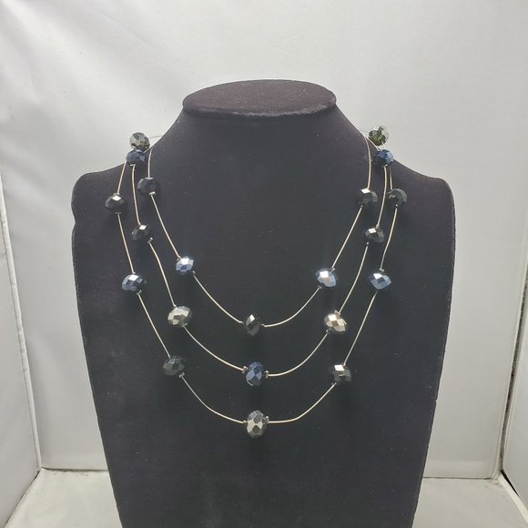 pewter ,silver beaded with silver chain 3 row illusion necklace - Picture 1 of 6